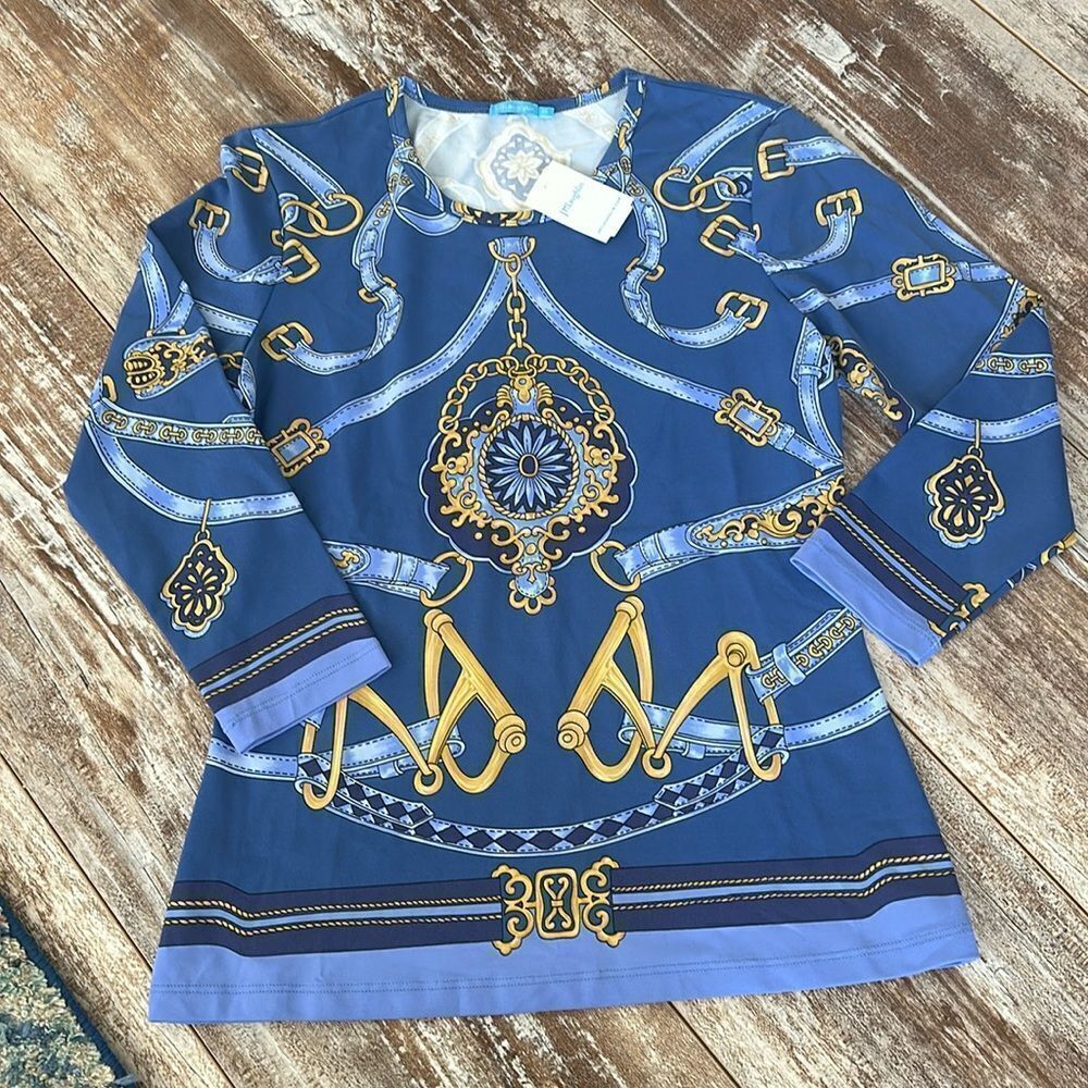 NWT J. McLaughlin Westminster 3/4 sleeve Top blue/gold equestrian blouse